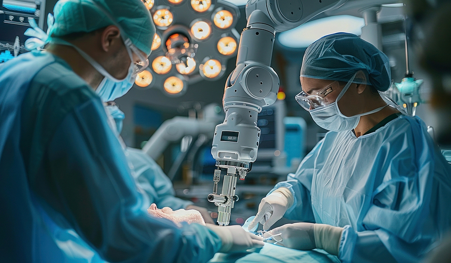 Zwei Personen aus der Medizintechnik die im OP operieren mit einem Medizintechnik Gerät