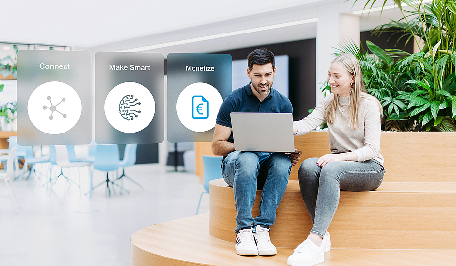 dreiklang_monetize_keyvisual_doubleslash Two people sitting with a laptop. Next to them are three floating icons, the one on the right is highlighted.