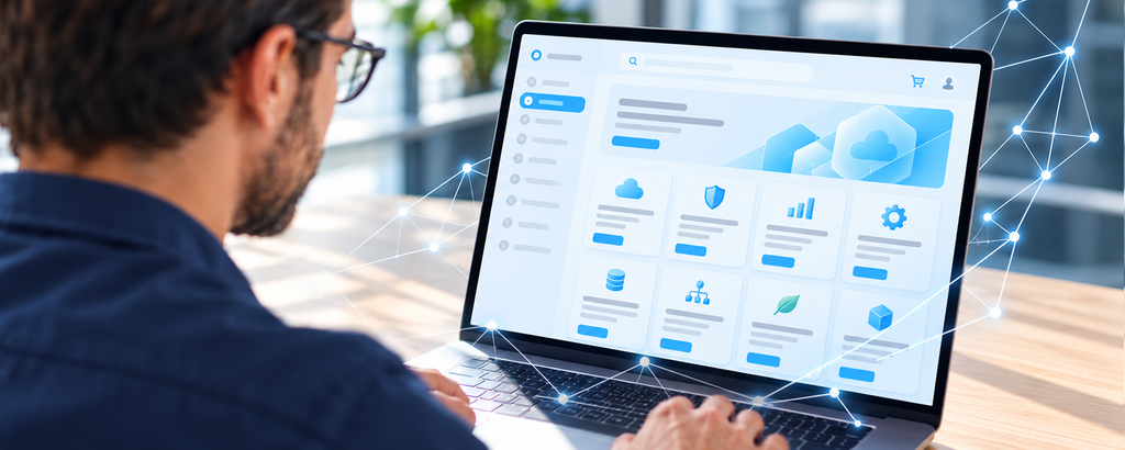 Ein Mitarbeiter arbeitet am Laptop mit einer digitalen Service-Plattform und vernetzten Symbolen. – KI-generiertes Bild