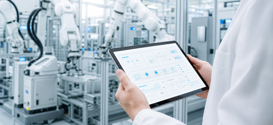 Tablet mit Datendashboard wird von einer Person in einer Fabrikhalle mit Roboterarmen gehalten – KI-generiertes Bild