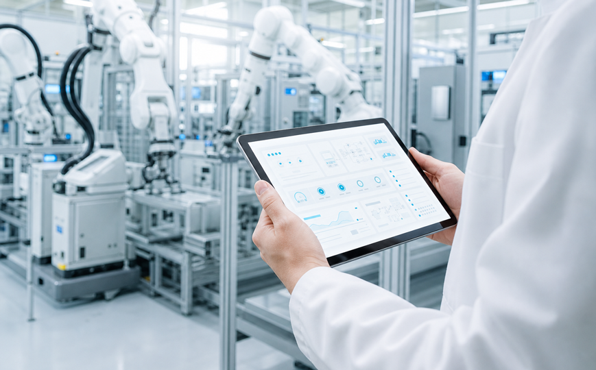 Tablet mit Datendashboard wird von einer Person in einer Fabrikhalle mit Roboterarmen gehalten – KI-generiertes Bild