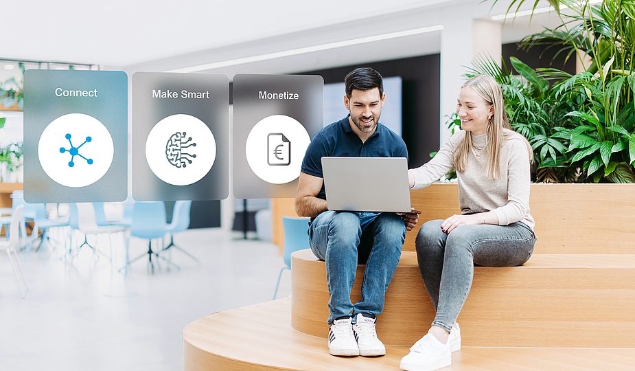 dreiklang_connect_keyvisual_doubleslash Two people sitting with a laptop. Next to them are three floating icons, of which the left one is highlighted.