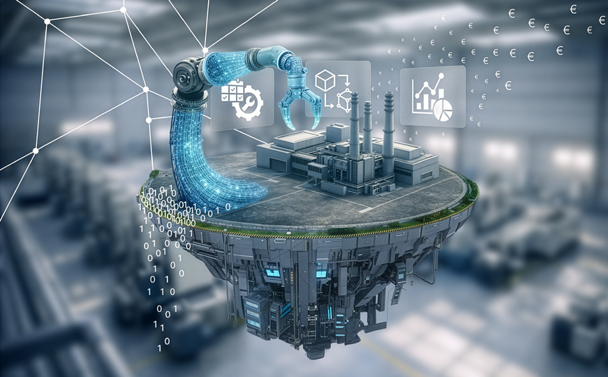 Schwebende Industrieplattform mit Fabrik, digitalem Roboterarm und Datenströmen, ergänzt durch Analyse-Icons und Euro-Symbole – Symbolbild für datengetriebene Produktion.