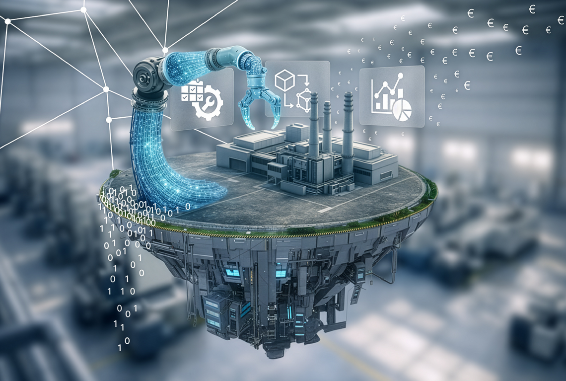 Floating industrial platform with a factory, digital robotic arm, and data streams, complemented by analytics icons and euro symbols – a symbolic image representing data‑driven production.