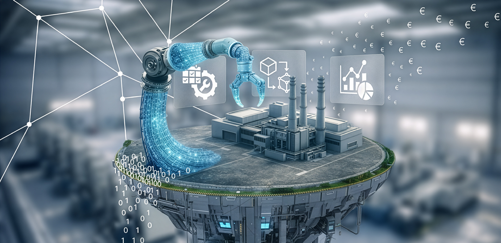 Schwebende Industrieplattform mit Fabrik, digitalem Roboterarm und Datenströmen, ergänzt durch Analyse-Icons und Euro-Symbole – Symbolbild für datengetriebene Produktion. – KI-generiertes Bild
