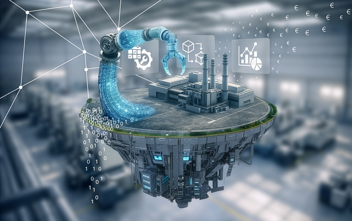 Floating industrial platform with a factory, digital robotic arm, and data streams, complemented by analytics icons and euro symbols – a symbolic image representing data‑driven production. – AI-generated image