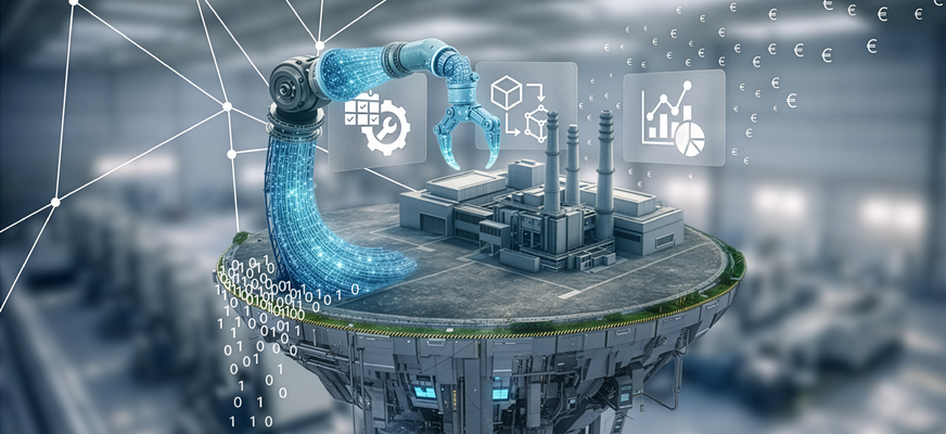 Schwebende Industrieplattform mit Fabrik, digitalem Roboterarm und Datenströmen, ergänzt durch Analyse-Icons und Euro-Symbole – Symbolbild für datengetriebene Produktion. – KI-generiertes Bild