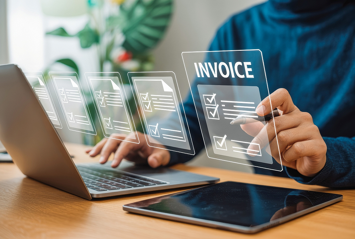 Mann vor Laptop mit virtueller Rechnung - Monetization