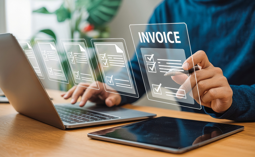 Mann vor Laptop mit virtueller Rechnung - Monetization