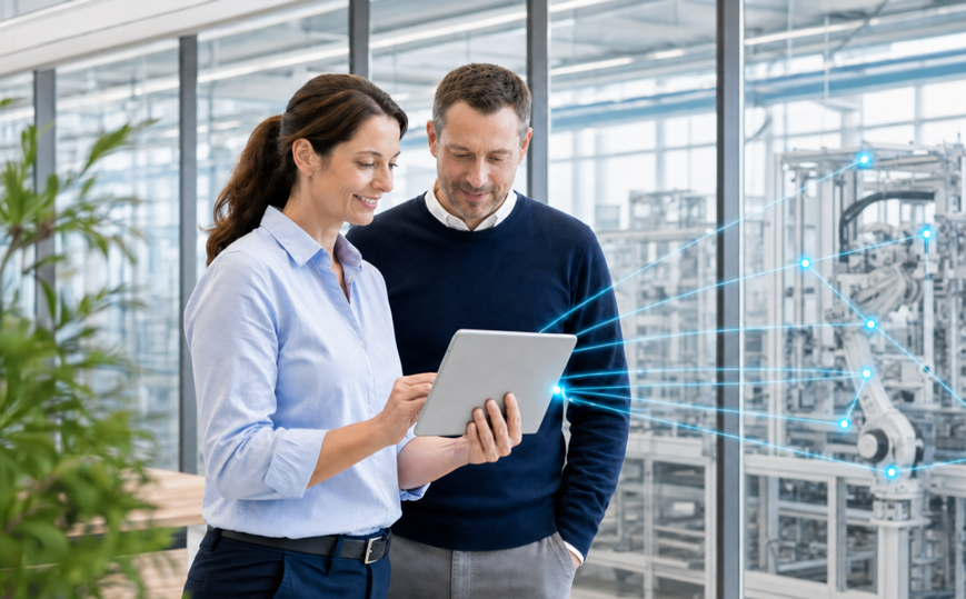 Two people use a tablet to connect devices in an industrial setting. – AI-generated image