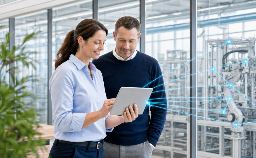 Two people use a tablet to connect devices in an industrial setting. – AI-generated image