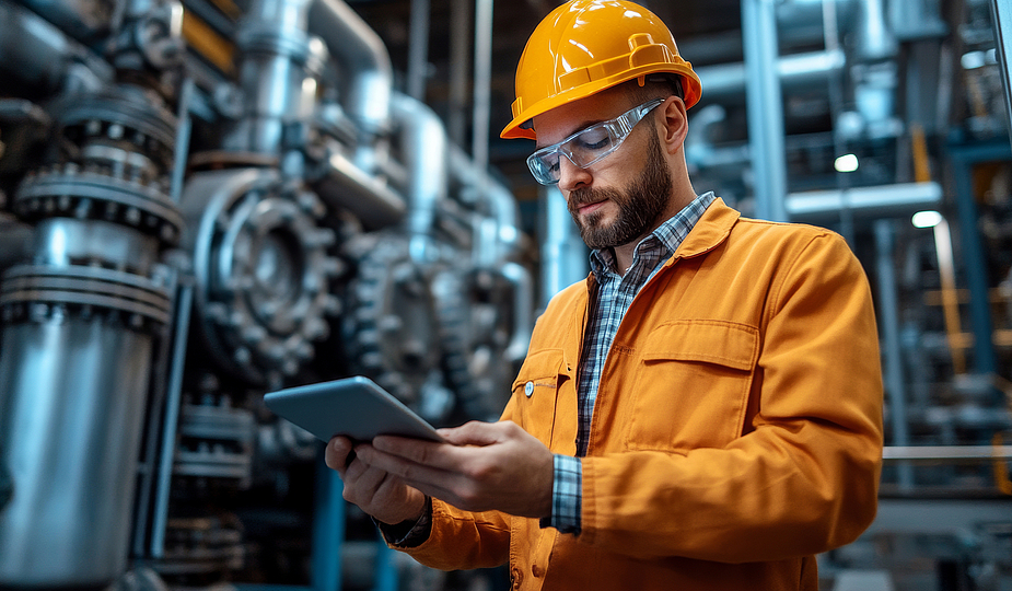 AI Support Assistant Key Visual Industrial worker with tablet in modern production facility