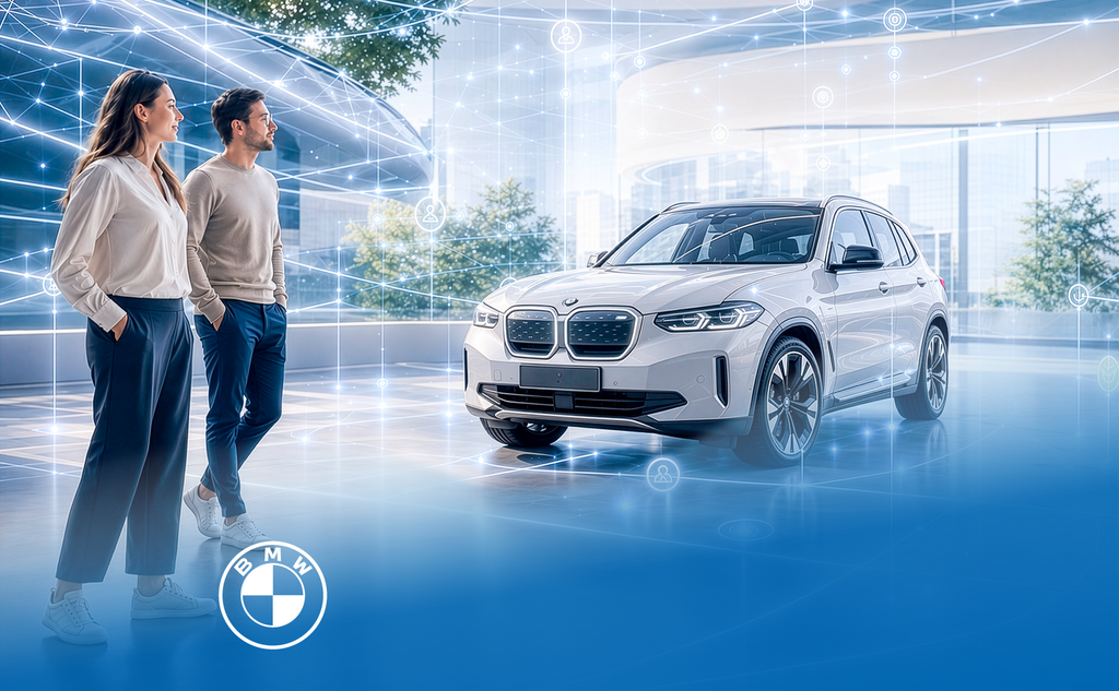 Customers viewing a connected BMW vehicle in a digital showroom.