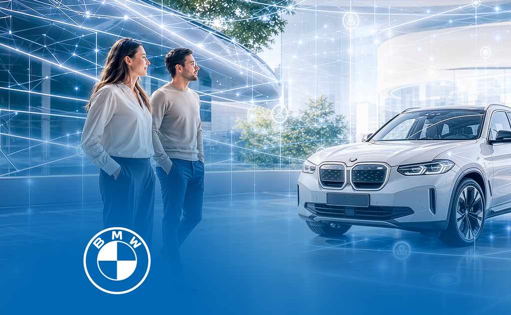 Customers viewing a connected BMW vehicle in a digital showroom. – AI-generated image