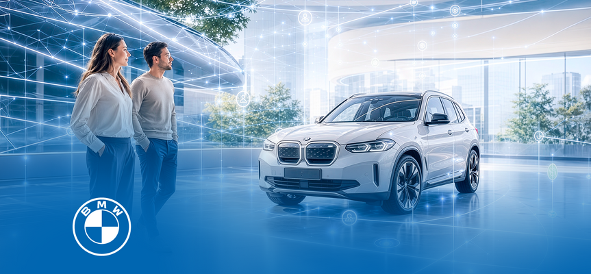 Kund:innen betrachten ein vernetztes BMW Fahrzeug im digitalen Showroom. – KI-generiertes Bild