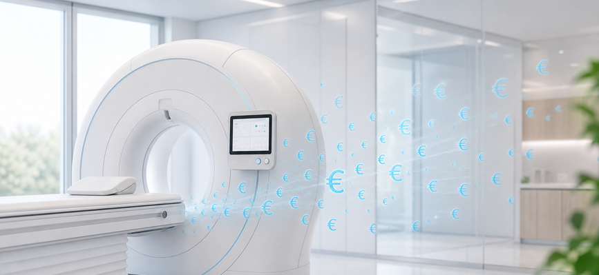 MRT-Gerät mit Euro-Symbolen als Hinweis auf die Monetarisierung medizinischer Geräte. – KI-generiertes Bild