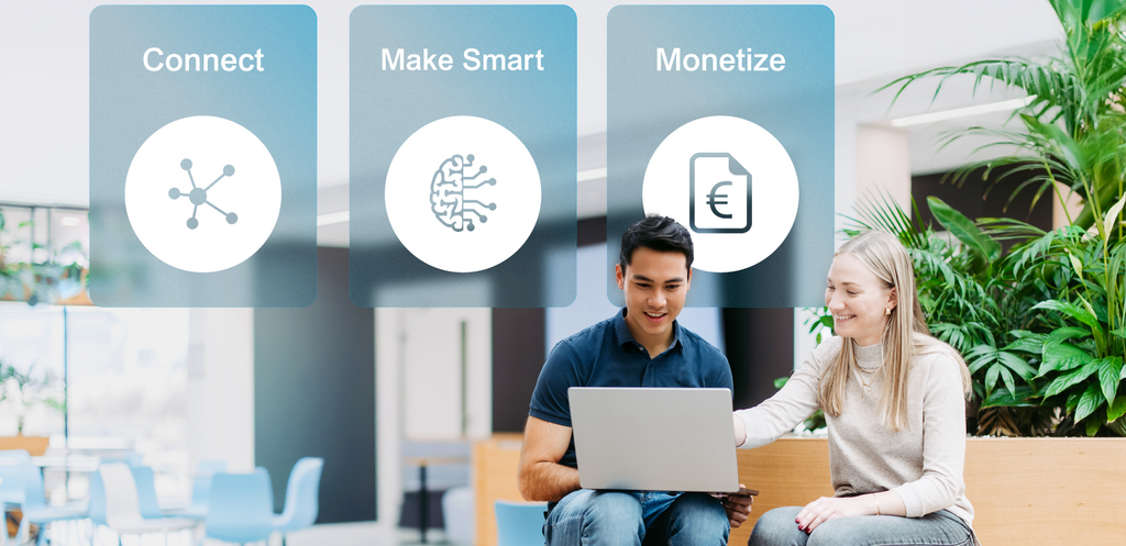 Two employees with laptops in a bright office environment; above them, the four service areas “Individual Solutions,” “Connect,” “Make Smart,” and ‘Monetize’ are displayed as visual navigation tiles. 
