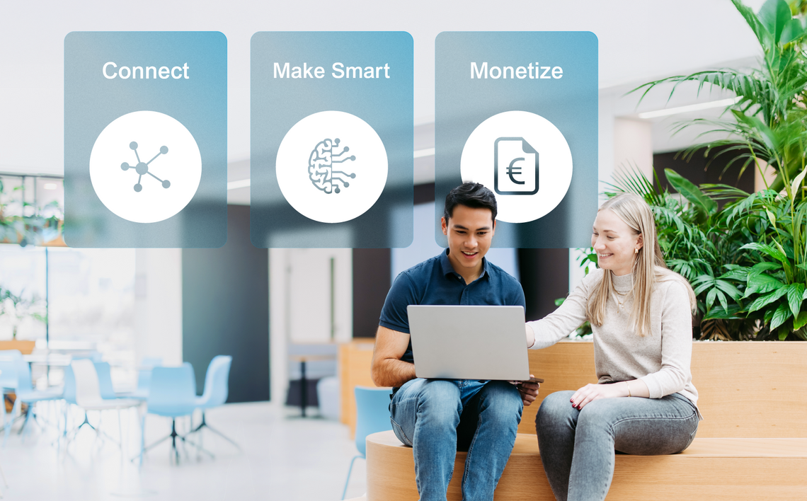 Zwei Mitarbeitende mit Laptop in heller Büroumgebung; darüber die vier Leistungsbereiche „Connect“, „Make Smart“ und „Monetize“ als visuelle Navigationskacheln dargestellt.