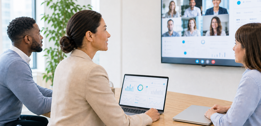 Team bespricht vernetzte Datenräume mit Dashboard und Videokonferenz. – KI-generiertes Bild
