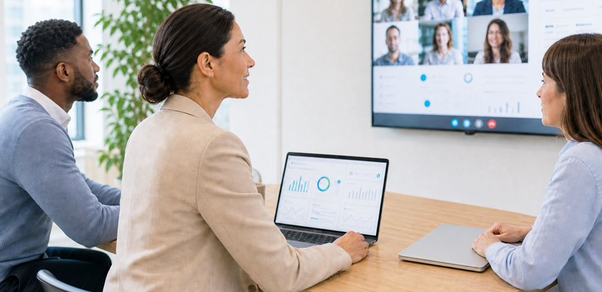 Team bespricht vernetzte Datenräume mit Dashboard und Videokonferenz. – KI-generiertes Bild