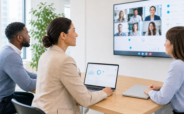 A team discusses connected data spaces with a dashboard and video conference. – AI-generated image