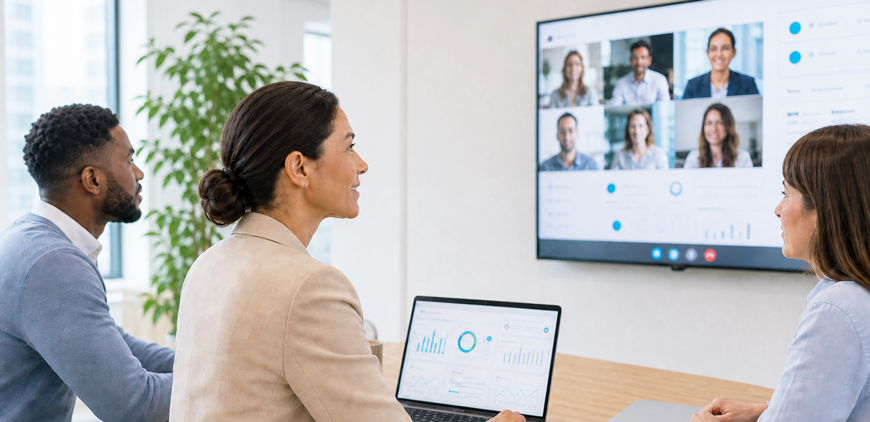 Team bespricht vernetzte Datenräume mit Dashboard und Videokonferenz. – KI-generiertes Bild
