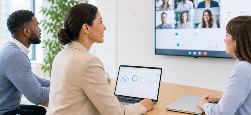 Team bespricht vernetzte Datenräume mit Dashboard und Videokonferenz. – KI-generiertes Bild