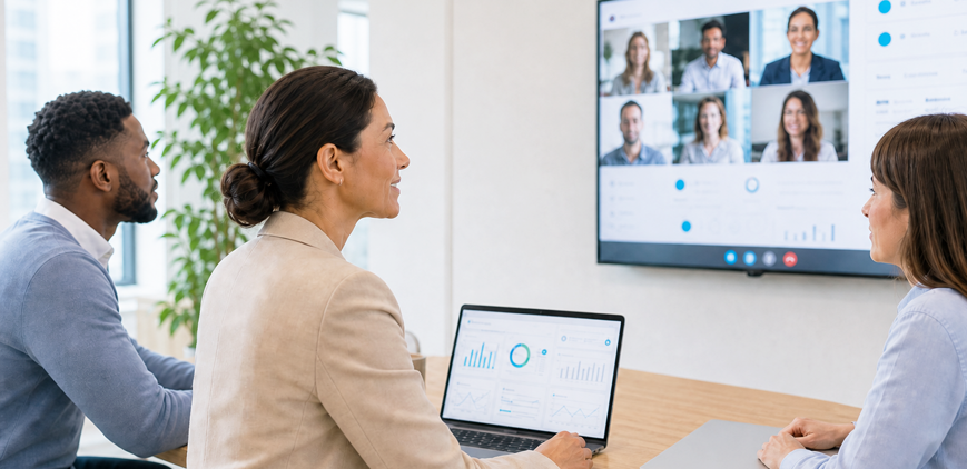 Team bespricht vernetzte Datenräume mit Dashboard und Videokonferenz. – KI-generiertes Bild