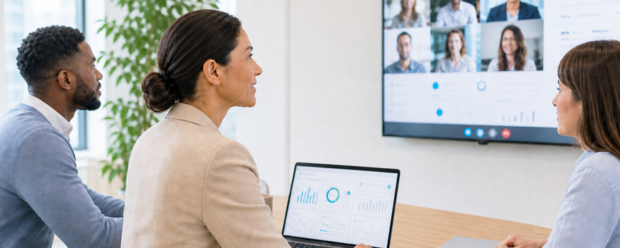 Team bespricht vernetzte Datenräume mit Dashboard und Videokonferenz. – KI-generiertes Bild