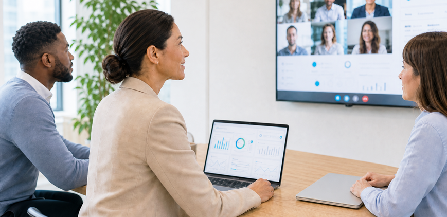 Team bespricht vernetzte Datenräume mit Dashboard und Videokonferenz. – KI-generiertes Bild