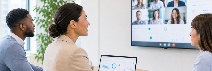 A team discusses connected data spaces with a dashboard and video conference. – AI-generated image