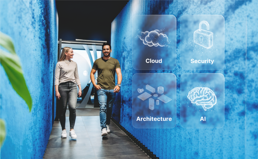 Two people walking through a universe corridor.