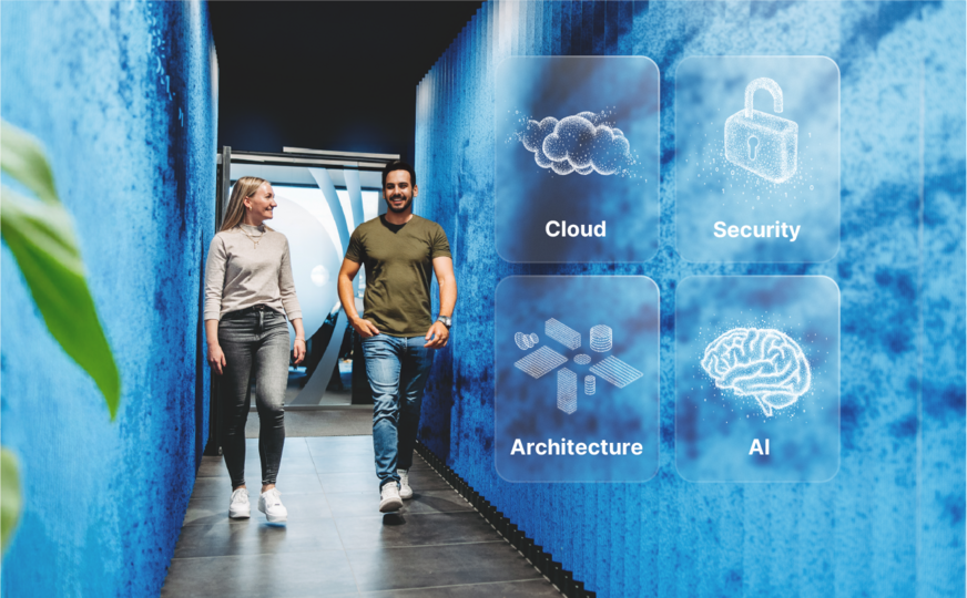 Zwei Personen, die durch einen Universum-Gang laufen.