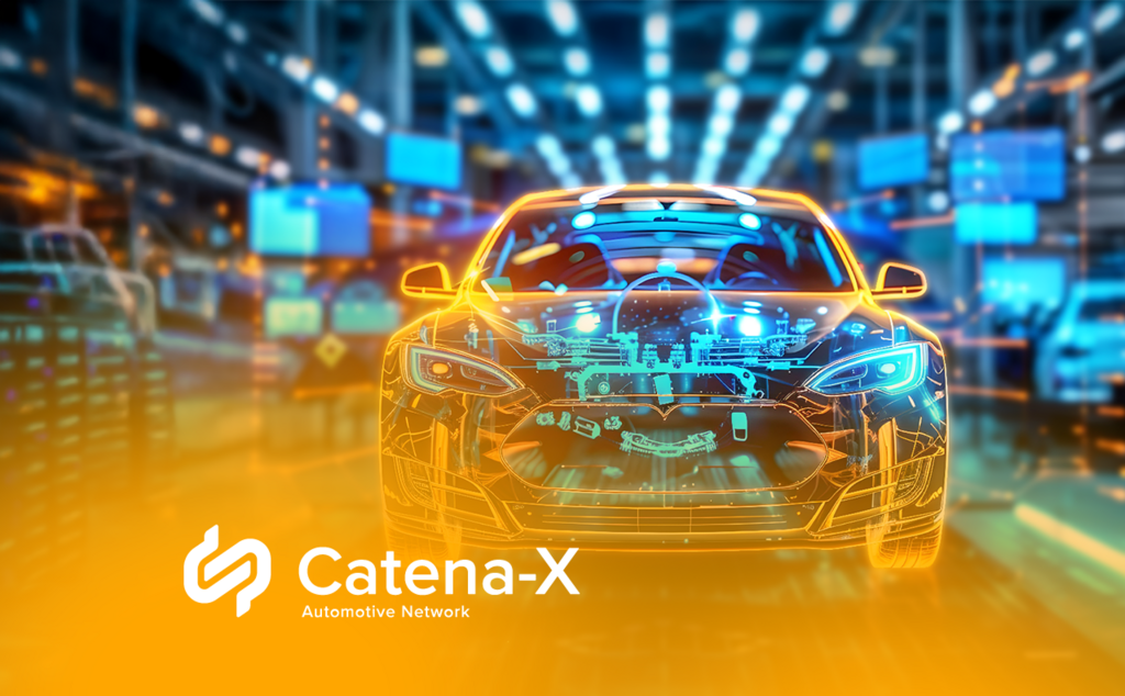 Auto mit digital visualisierten Komponenten in moderner Produktionsumgebung. „Catena-X“-Logo unten links. – KI-generiertes Bild