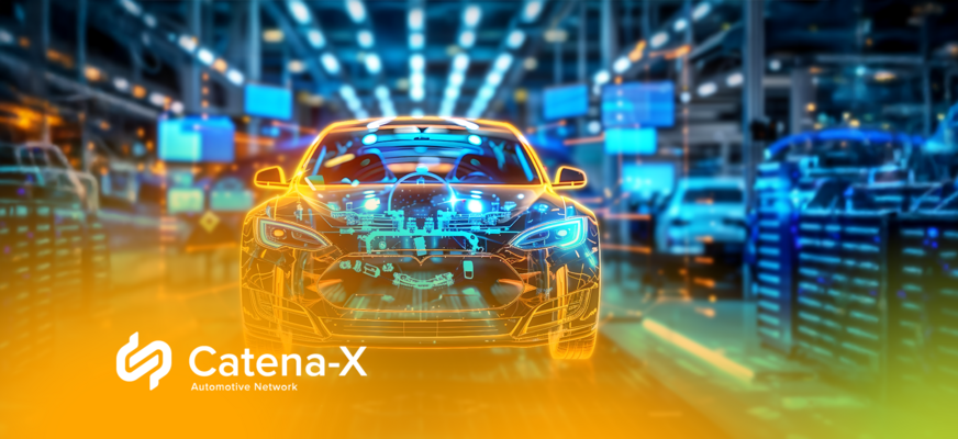 Auto mit digital visualisierten Komponenten in moderner Produktionsumgebung. „Catena-X“-Logo unten links. – KI-generiertes Bild