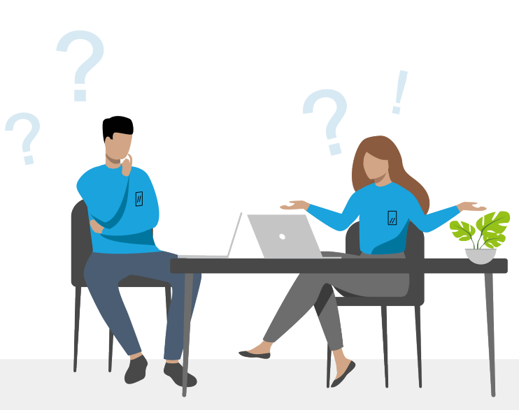 Grafisches Bild 2 Personen am Schreibtisch fragend