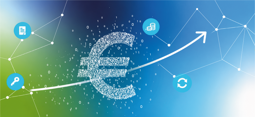 Abstract digital illustration featuring a euro symbol made of binary code, interconnected nodes, and a rising white arrow representing digital monetization and revenue growth.