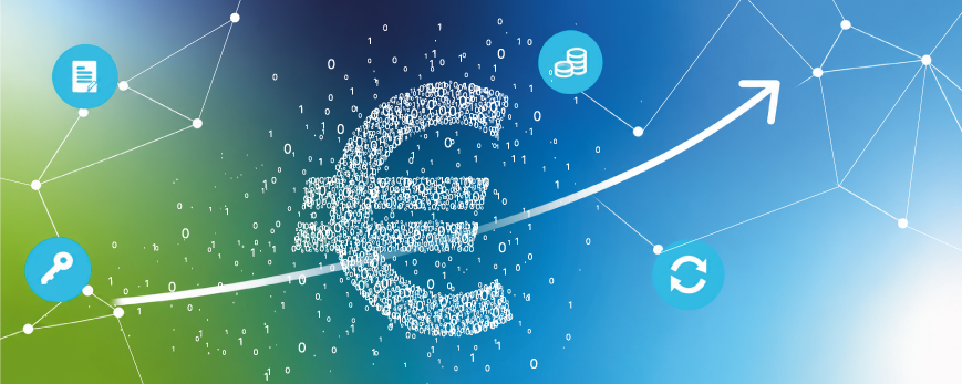 Abstract digital illustration featuring a euro symbol made of binary code, interconnected nodes, and a rising white arrow representing digital monetization and revenue growth.