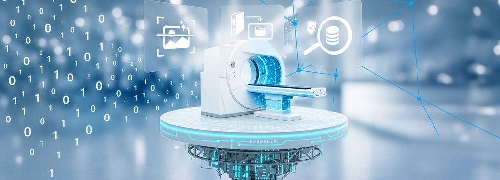 Digital vernetzter MRT-Scanner mit Symbolen für Bildanalyse, Dokumente und Datensicherheit. – AI-generated image