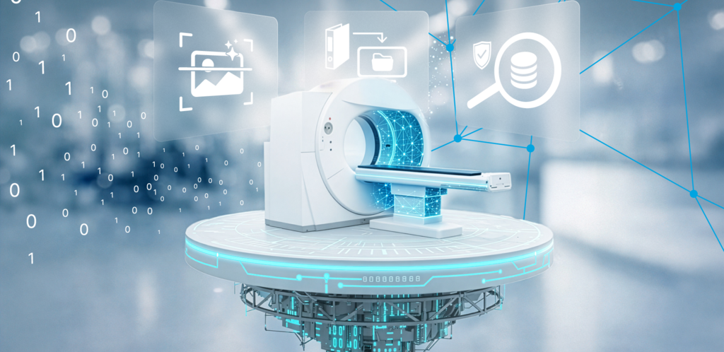 Digital vernetzter MRT-Scanner mit Symbolen für Bildanalyse, Dokumente und Datensicherheit.
