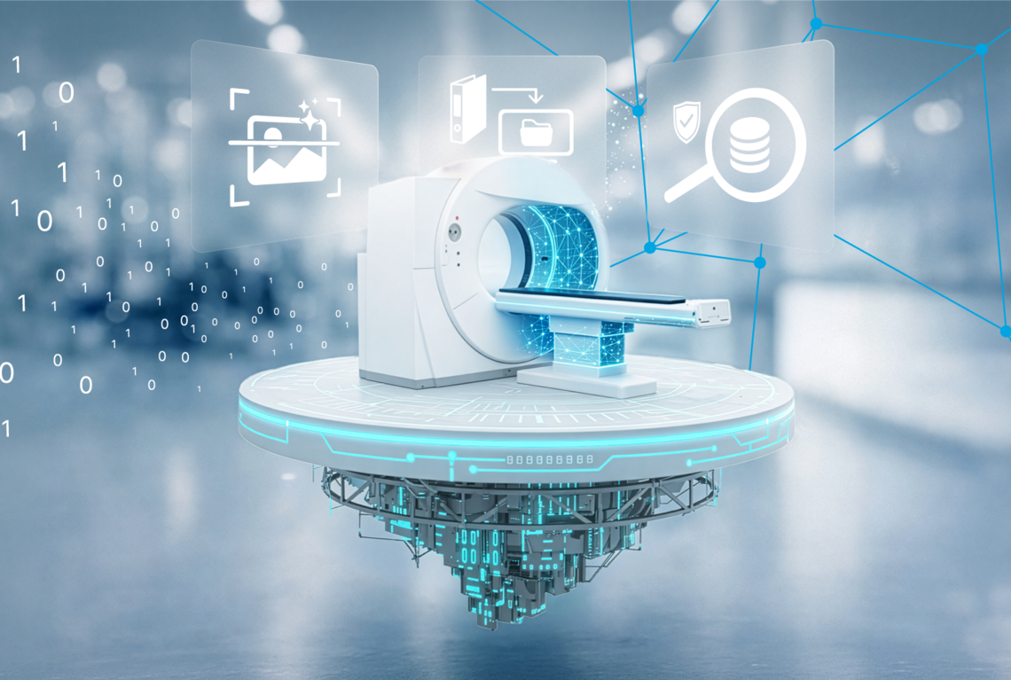 Digital vernetzter MRT-Scanner mit Symbolen für Bildanalyse, Dokumente und Datensicherheit.