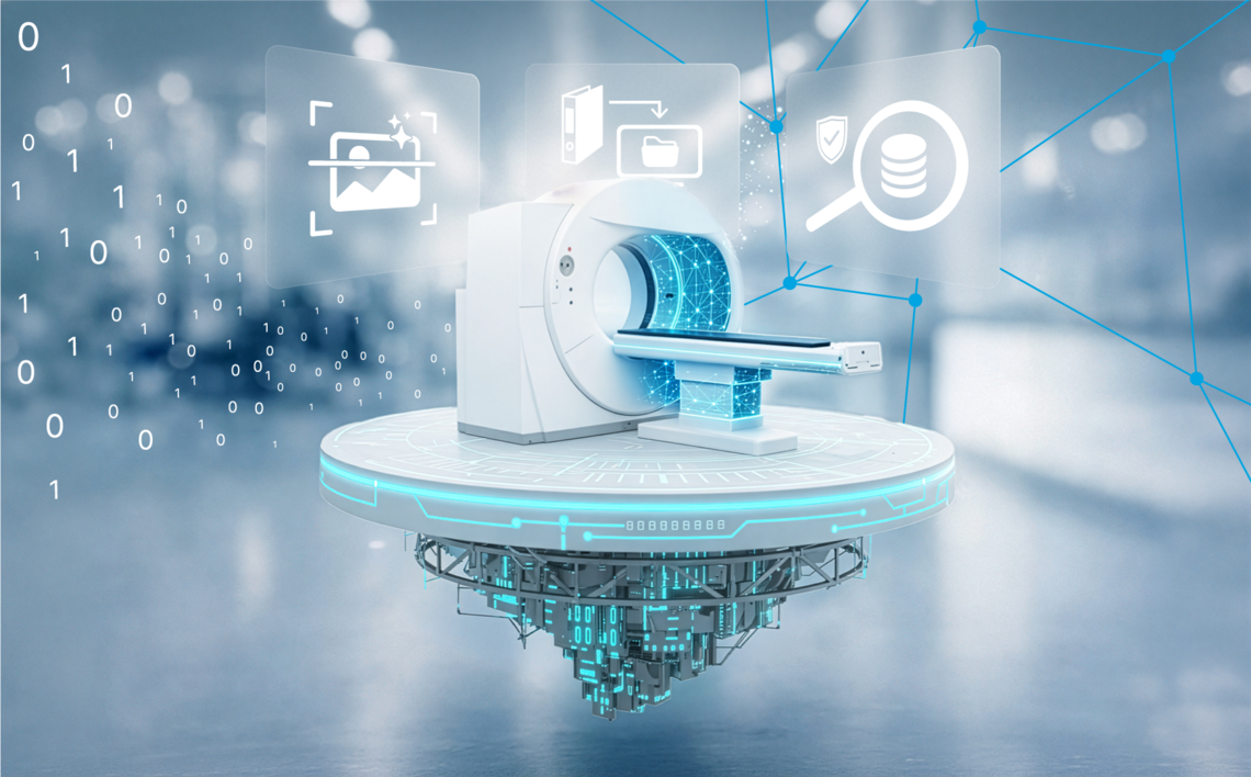 Digital vernetzter MRT-Scanner mit Symbolen für Bildanalyse, Dokumente und Datensicherheit. – AI-generated image