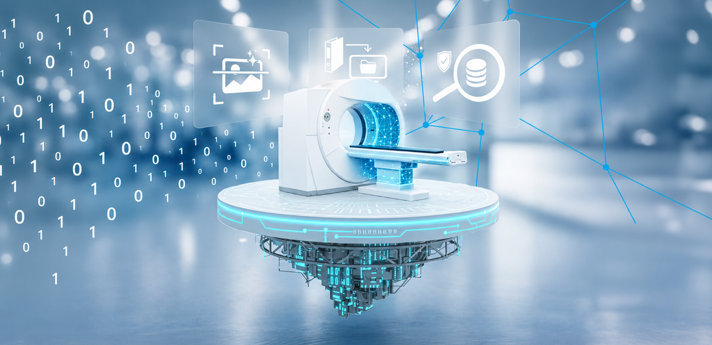 Digital vernetzter MRT-Scanner mit Symbolen für Bildanalyse, Dokumente und Datensicherheit. – KI-generiertes Bild