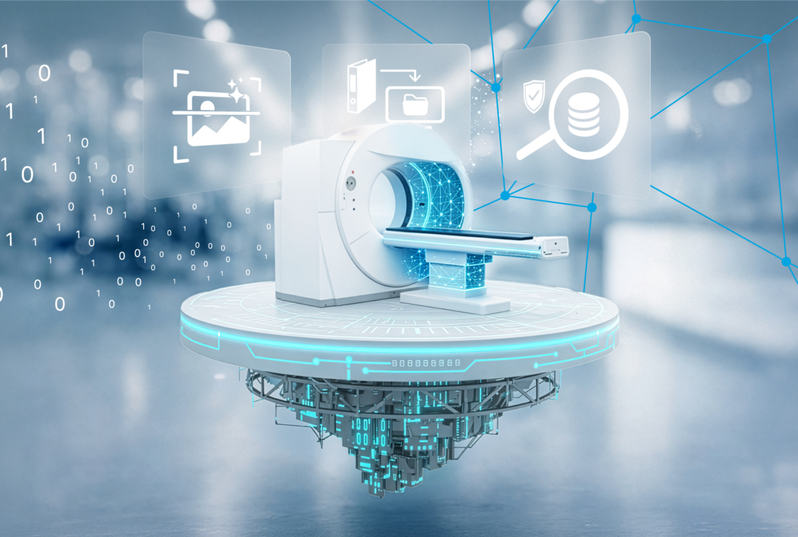 Digital vernetzter MRT-Scanner mit Symbolen für Bildanalyse, Dokumente und Datensicherheit.