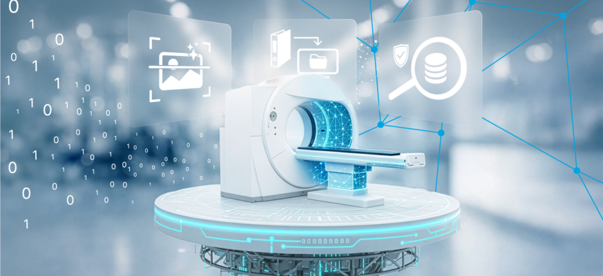 Digital vernetzter MRT-Scanner mit Symbolen für Bildanalyse, Dokumente und Datensicherheit. – KI-generiertes Bild