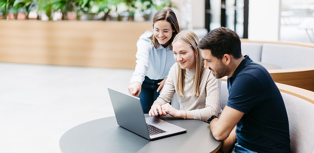 Menschen die auf einen Laptop schauen mit der Anwendung Business Filemanager