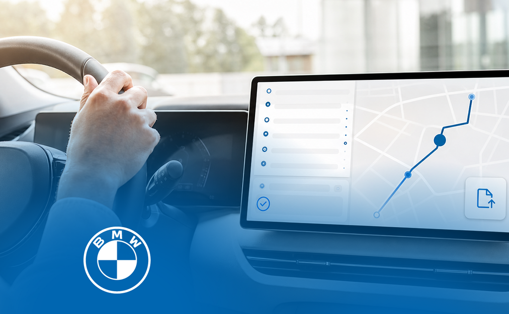 Modernes Fahrzeugcockpit mit Infotainment-Display, das eine digitale Fahrtenbuch- und Routenansicht mit blauen Status- und Streckenmarkierungen zeigt. – KI-generiertes Bild