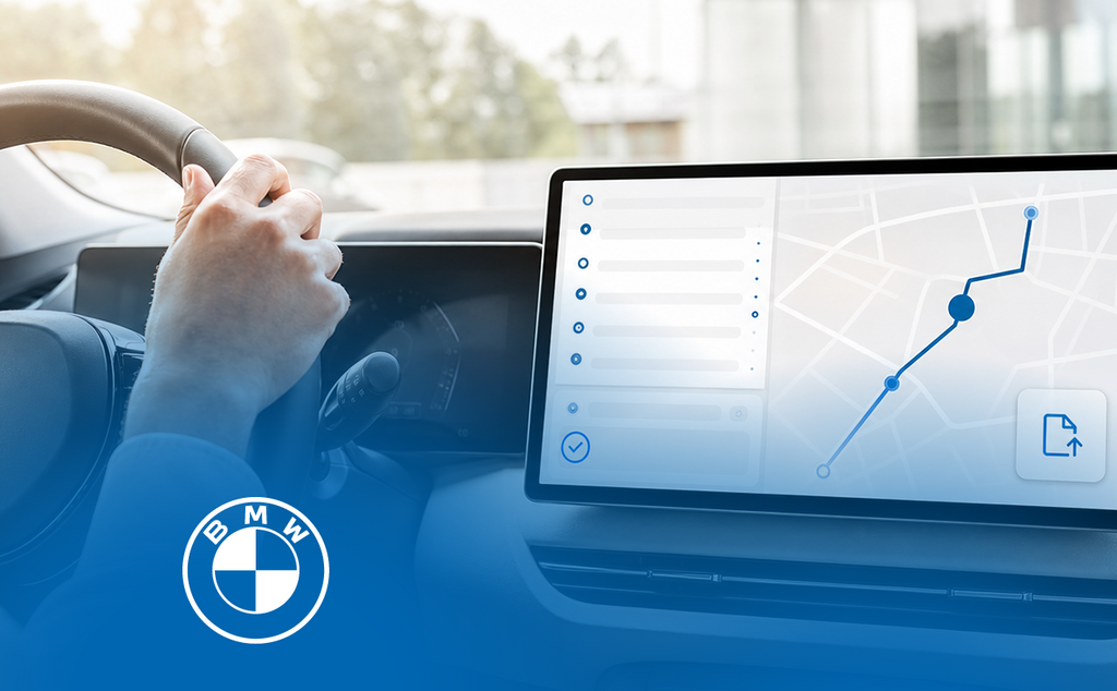  Modern vehicle cockpit with an infotainment display showing a digital logbook and route view with blue status and route highlights. – AI-generated image