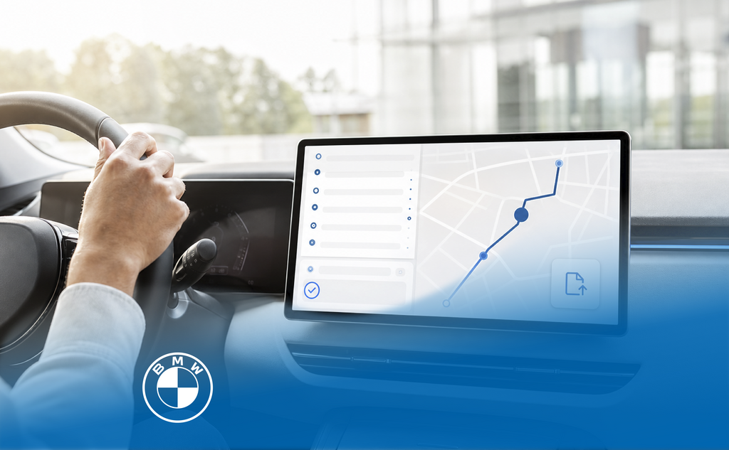 Modernes Fahrzeugcockpit mit Infotainment-Display, das eine digitale Fahrtenbuch- und Routenansicht mit blauen Status- und Streckenmarkierungen zeigt. – KI-generiertes Bild