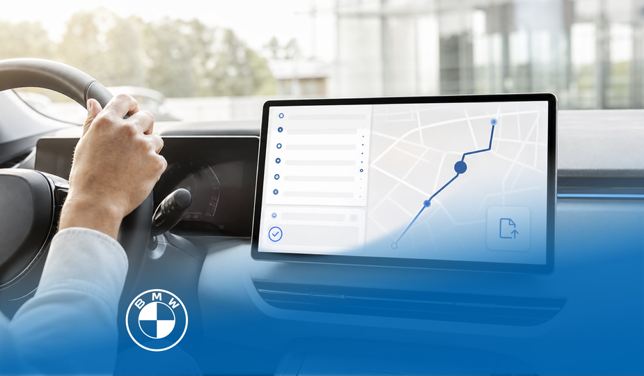 Modern vehicle cockpit with an infotainment display showing a digital logbook and route view with blue status and route highlights.
